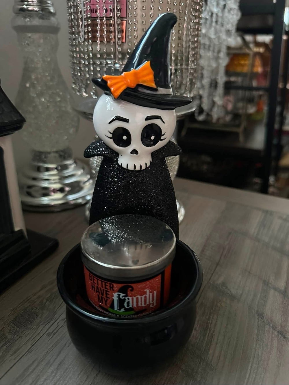 RARE Bath & BodyWorks Ceramic Skeleton Witch Mini Votive Halloween Candle Holder - Picture 2 of 4